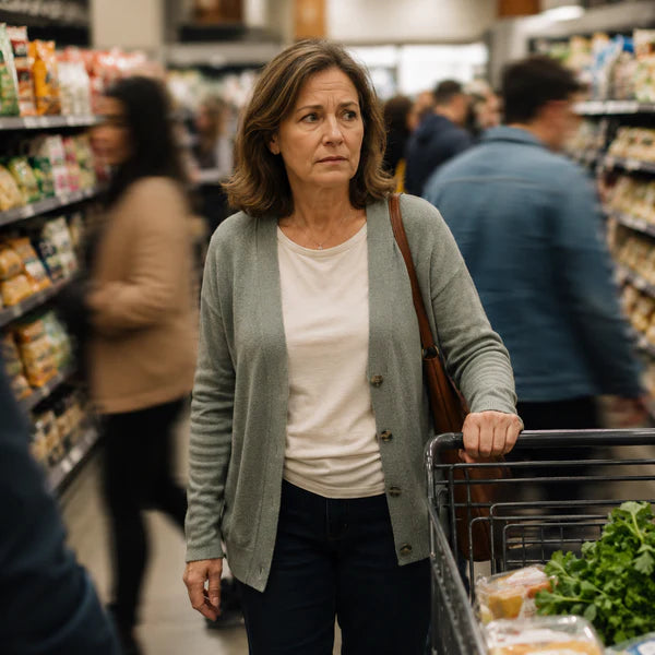Woman feeling off-balance in a crowded store