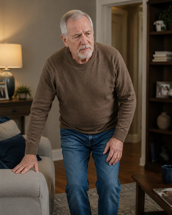 Older man standing up from a sofa
